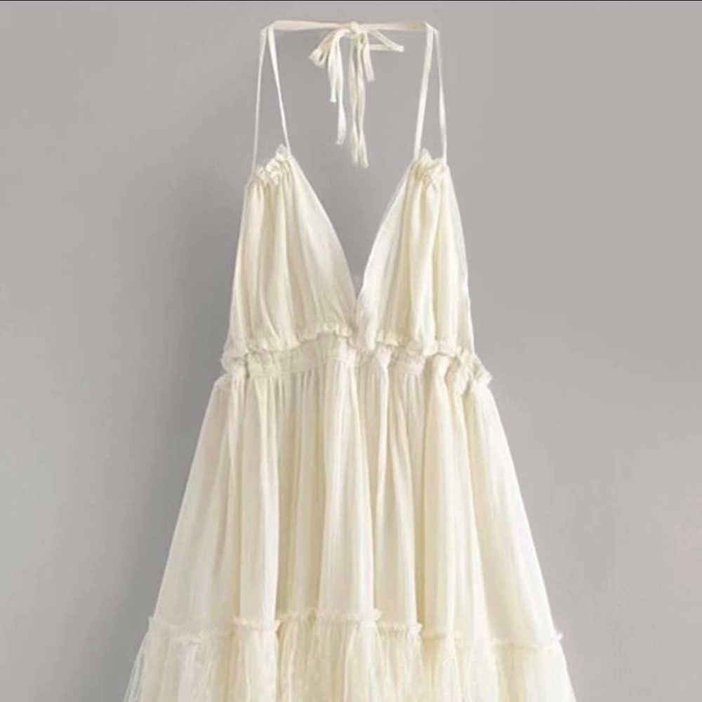 🆕 Shein Dobby Mesh Self-Tie Ruffled Halter Dress